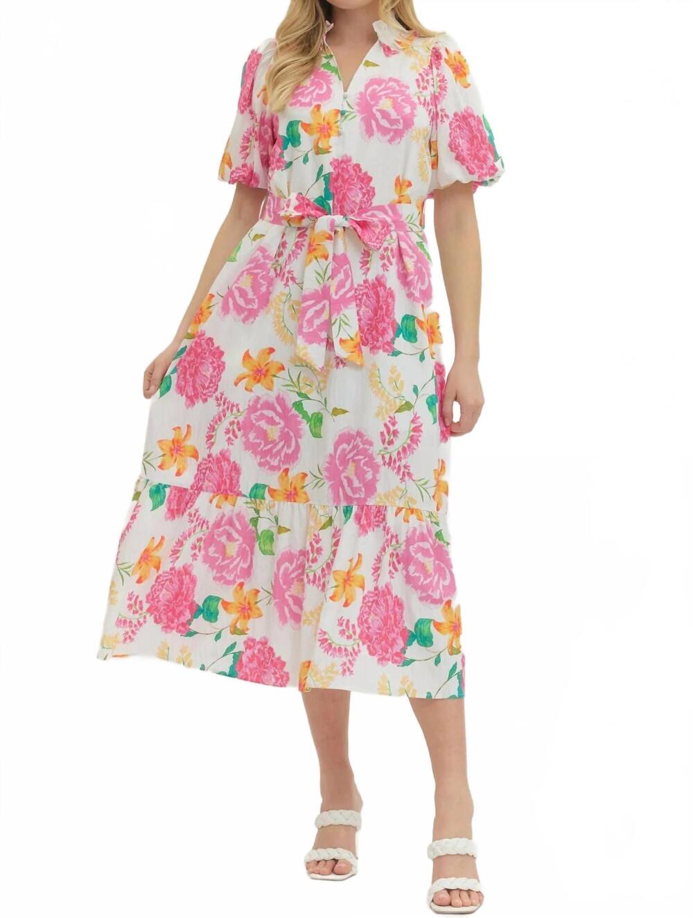 NEW ENTRO print puff sleeve midi dress in pink multi